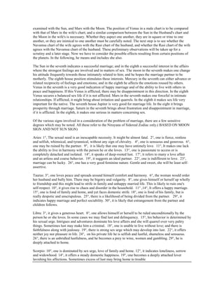 examined with the Sun, and Mars with the Moon. The position of Venus in a male chart is to be compared
with that of Mars in the wife's chart; and a similar comparison between the Sun in the Husband's chart and
the Moon in the wife's is necessary. Whether they aspect one another, they are in square or trine to one
another, or they are inimical to one another must be carefully noted. The next step is to see whether the
Navamsa chart of the wife agrees with the Rasi chart of the husband, and whether the Rasi chart of the wife
agrees with the Navamsa chart of the husband. These preliminary observations will be taken up for a
scrutiny and a later stage. Now we have to consider the possible effects resulting from certain positions of
the planets. In the following, he means and includes she also.
The Sun in the seventh indicates a successful marriage; and in the eighth a successful interest in the affairs
where the strongest feelings are involved and in matters of sex. The moon in the seventh makes one change
his attitude frequently towards those intimately related to him; and he hopes the marriage partner to be
motherly. The eighth house position stimulates these interests. Mercury in the seventh can either advance or
related reciprocity of feelings and emotions; and in the eighth he affects the emotions roused by others.
Venus in the seventh is a very good indication of happy marriage and of the ability to live with others in
peace and happiness. If this Venus is afflicted, there may be disappointment in this direction. In the eighth
Venus secures a balanced sex life if it is not afflicted. Mars in the seventh makes one forceful in intimate
relationships. If afflicted, it might bring about irritation and quarrels. In the eighth it makes sex life very
important for the native. The seventh house Jupiter is very good for marriage life. In the eight it brings
prosperity through marriage. Saturn in the seventh brings about frustration and disappointment in marriage,
if it is afflicted. In the eighth, it makes one serious in matters concerning sex.
Of the various signs involved in a consideration of the problem of marriage, there are a few sensitive
degrees which may be noted. All these refer to the Nirayana of Sidereal Zodiac only.( BASED ON MOON
SIGN AND NOT SUN SIGN)
Aries: 1°, The sexual need is an inescapable necessity. It might be almost fatal. 2°, one is fierce, restless
and selfish, whimsical, and tyrannical, without any sign of chivalry. 4°, one is sensuous and generous. 6°,
one may be ruined by the partner. 9°, it is likely that one may have untimely love. 11°, It makes one lack
the ability to live in harmony with the person he or she loves. 13°, one is passionate to access or is
completely detached and isolated. 14°, it speaks of deep-rooted lust. 17°, it refers to many a love affair
and an artless and coarse behavior. 19°, it suggests an ideal partner. 22°, one is indifferent to love. 23°,
marriage can be lucky. 26°, one has a very good feminine nature. Gentle and sweet, she will be least self-
assertive.
Taurus: 3°, one loves peace and spreads around himself comfort and harmony. 6°, the woman would order
her husband and bully him. There may be bigotry and vulgarity. 8°, one gives himself or herself up wholly
to friendship and this might lead to strife in family and unhappy married life. This is likely to ruin one's
self-respect. 10°, it gives rise to chaos and disorder in the household. 11° ,14°, It offers a happy marriage.
15°, one is fond of family and home, and yet faces domestic strife. 18°, one is fond of his family, but is
really despotic and unscrupulous. 25°, there is a likelihood of being divided from the partner. 29°, it
indicates happy marriage and perfect sociability. 30°, it is likely that estrangement from the partner and
children follows.
Libra: 3°, it gives a generous heart. 8°, one allows himself or herself to be ruled unconditionally by the
person he or she loves. In some cases we may find lust and delinquency. 15°, his behavior is determined by
his sexual urge. Intrigues and adventures dominate his love affairs and she will quarrel over very paltry
things. Sometimes lust may make him a criminal. 18°, one is unable to live without love; and there is
faithfulness along with jealousy. 19°, there is strong sex urge which may develop into lust. 22°, it offers
neither joy nor pleasure in life. 24°, on his private life he is selfish and lustful, shameless and sensuous.
26°, there is an unbridled lustfulness, and he becomes a prey to wine, women and gambling. 29°, he is
deeply attached to home.
Scorpio: 10°, one is dominated by sex urge, love of family and home. 12°, it indicates loneliness, sorrow
and widowhood. 14°, it offers a steady domestic happiness. 19°, one becomes a deeply attached lover
lavishing his affections. Sometimes excess of lust may bring home to trouble
 
