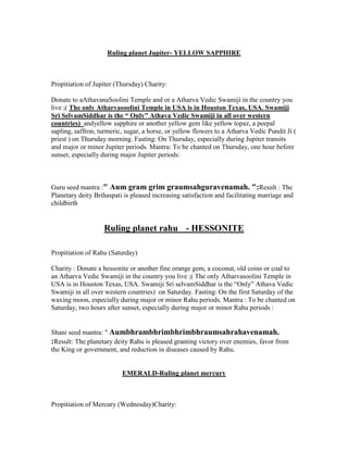 Ruling planet Jupiter- YELLOW SAPPHIRE
Propitiation of Jupiter (Thursday) Charity:
Donate to aAthavanaSoolini Temple and or a Atharva Vedic Swamiji in the country you
live ;( The only Atharvasoolini Temple in USA is in Houston Texas, USA. Swamiji
Sri SelvamSiddhar is the “ Only” Athava Vedic Swamiji in all over western
countries) andyellow sapphire or another yellow gem like yellow topaz, a peepal
sapling, saffron, turmeric, sugar, a horse, or yellow flowers to a Atharva Vedic Pundit Ji (
priest ) on Thursday morning. Fasting: On Thursday, especially during Jupiter transits
and major or minor Jupiter periods. Mantra: To be chanted on Thursday, one hour before
sunset, especially during major Jupiter periods:
Guru seed mantra :" Aum gram grim graumsahguravenamah. ":Result : The
Planetary deity Brihaspati is pleased increasing satisfaction and facilitating marriage and
childbirth
Ruling planet rahu - HESSONITE
Propitiation of Rahu (Saturday)
Charity : Donate a hessonite or another fine orange gem, a coconut, old coins or coal to
an Atharva Vedic Swamiji in the country you live ;( The only Atharvasoolini Temple in
USA is in Houston Texas, USA. Swamiji Sri selvamSiddhar is the “Only” Athava Vedic
Swamiji in all over western countries) on Saturday. Fasting: On the first Saturday of the
waxing moon, especially during major or minor Rahu periods. Mantra : To be chanted on
Saturday, two hours after sunset, especially during major or minor Rahu periods :
Shani seed mantra: " Aumbhrambhrimbhrimbhraumsahrahavenamah.
:Result: The planetary deity Rahu is pleased granting victory over enemies, favor from
the King or government, and reduction in diseases caused by Rahu.
EMERALD-Ruling planet mercury
Propitiation of Mercury (Wednesday)Charity:
 