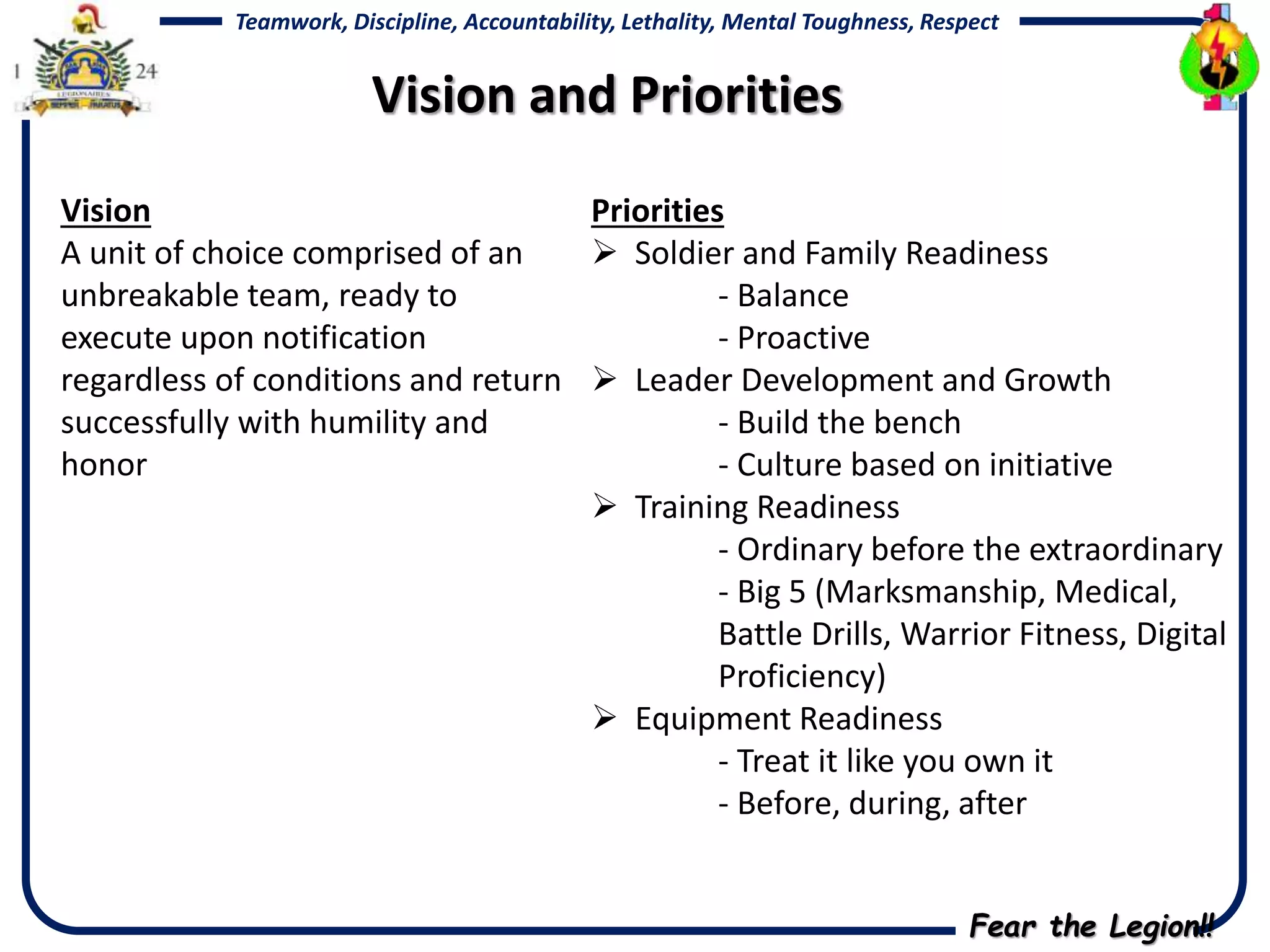 Fear the Legion!!
Teamwork, Discipline, Accountability, Lethality, Mental Toughness, RespectTeamwork, Discipline, Accountability, Lethality, Mental Toughness, Respect
Vision
A unit of choice comprised of an
unbreakable team, ready to
execute upon notification
regardless of conditions and return
successfully with humility and
honor
Priorities
 Soldier and Family Readiness
- Balance
- Proactive
 Leader Development and Growth
- Build the bench
- Culture based on initiative
 Training Readiness
- Ordinary before the extraordinary
- Big 5 (Marksmanship, Medical,
Battle Drills, Warrior Fitness, Digital
Proficiency)
 Equipment Readiness
- Treat it like you own it
- Before, during, after
Vision and Priorities
 