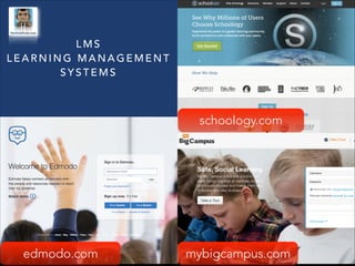 LMS
LEARNING MANAGEMENT
SYSTEMS

schoology.com

edmodo.com

mybigcampus.com

 