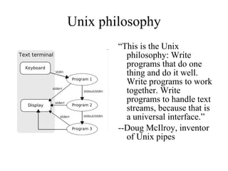 Unix philosophy <ul><li>“ This is the Unix philosophy: Write programs that do one thing and do it well. Write programs to ...