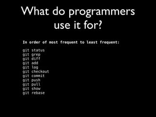 What do programmers
use it for?
In order of most frequent to least frequent:
git
git
git
git
git
git
git
git
git
git
git

status 
grep 
diff 
add 
log 
checkout 
commit 
push 
pull 
show 
rebase

 
