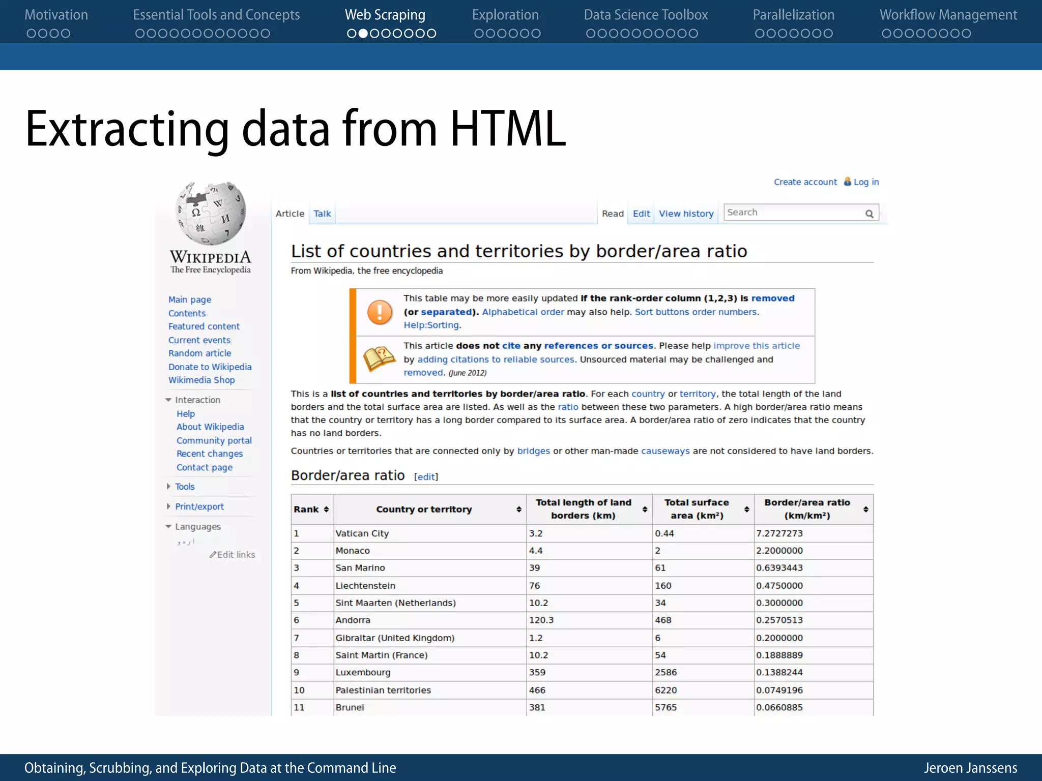 Motivation . . . . Essential Tools and Concepts . . . . . . . . . . . . Web Scraping . . . . . . . . Exploration . . . . . . Data Science Toolbox . . . . . . . . . . Parallelization . . . . . . . Workflow Management . . . . . . . . Extracting data from HTML Obtaining, Scrubbing, and Exploring Data at the Command Line Jeroen Janssens 