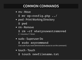 COMMON COMMANDS
mv - Move
$ mv wp-config.php ../
pwd - Print Working Directory
$ pwd
rm - Remove
$ rm -rf whatyouwantremov...