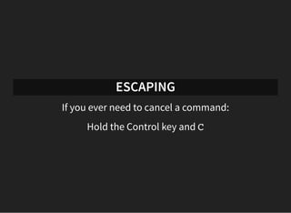 ESCAPING
If you ever need to cancel a command:
Hold the Control key and C
 