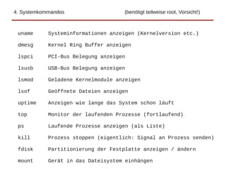 4. Systemkommandos (benötigt teilweise root, Vorsicht!)
uname Systeminformationen anzeigen (Kernelversion etc.)
dmesg Kernel Ring Buffer anzeigen
lspci PCI-Bus Belegung anzeigen
lsusb USB-Bus Belegung anzeigen
lsmod Geladene Kernelmodule anzeigen
lsof Geöffnete Dateien anzeigen
uptime Anzeigen wie lange das System schon läuft
top Monitor der laufenden Prozesse (fortlaufend)
ps Laufende Prozesse anzeigen (als Liste)
kill Prozess stoppen (eigentlich: Signal an Prozess senden)
fdisk Partitionierung der Festplatte anzeigen / ändern
mount Gerät in das Dateisystem einhängen
 