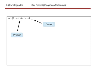 2. Grundlegendes Der Prompt ('Eingabeaufforderung')
max@linuxkiste:~$ _
'Prompt'
Cursor
 