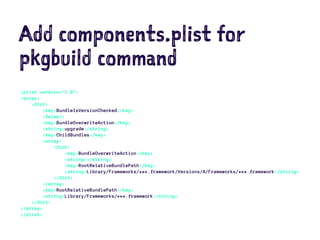 Add components.plist for
pkgbuild command
<plist version="1.0">
<array>
<dict>
<key>BundleIsVersionChecked</key>
<false/>
...
