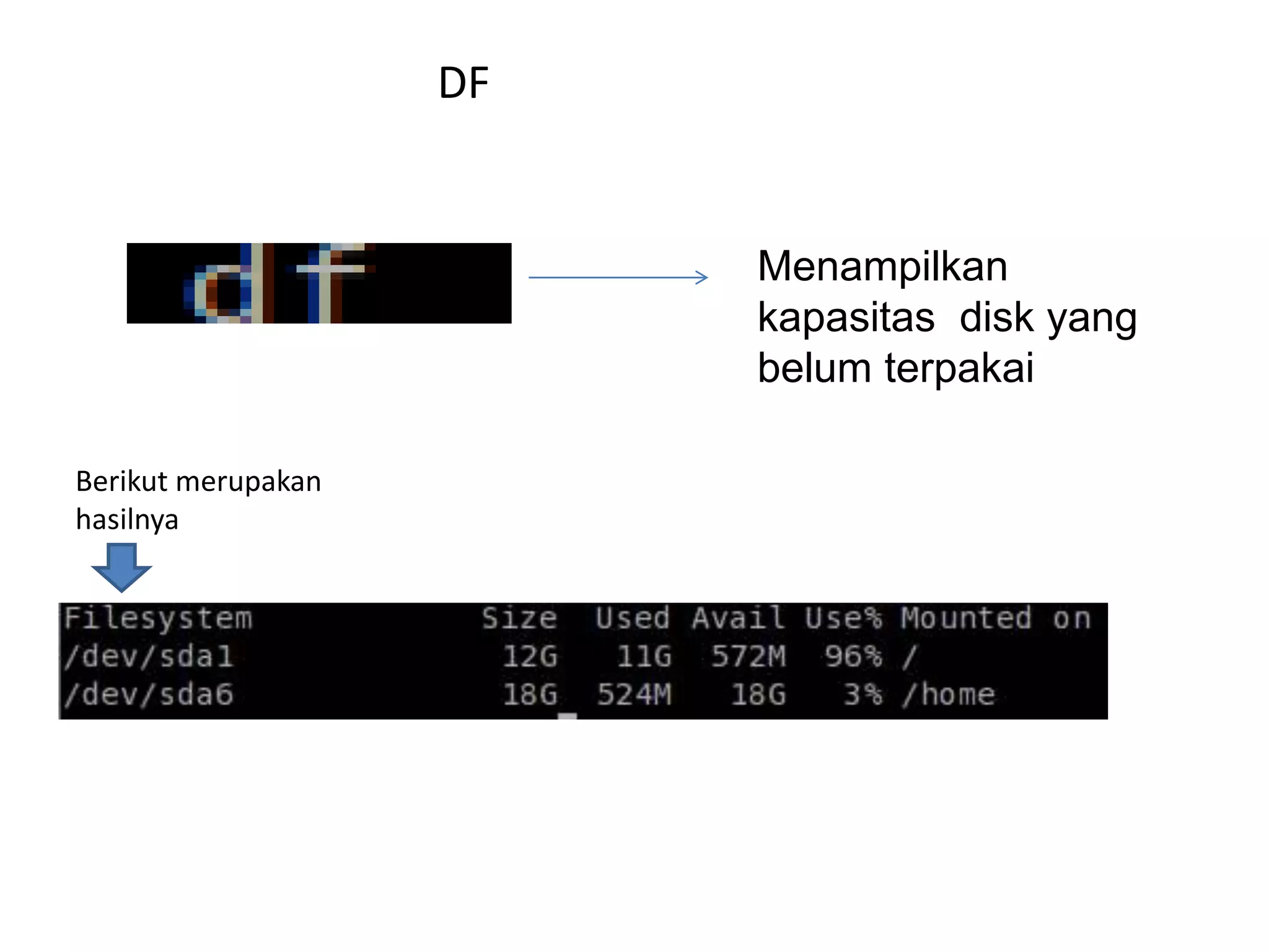 DF
Menampilkan
kapasitas disk yang
belum terpakai
Berikut merupakan
hasilnya
 