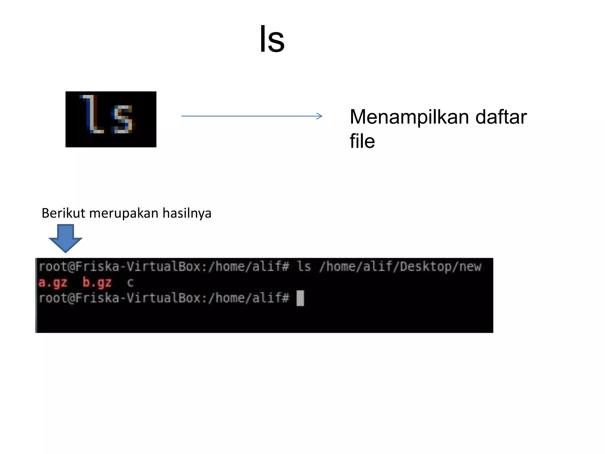 ls
Menampilkan daftar
file
Berikut merupakan hasilnya
 