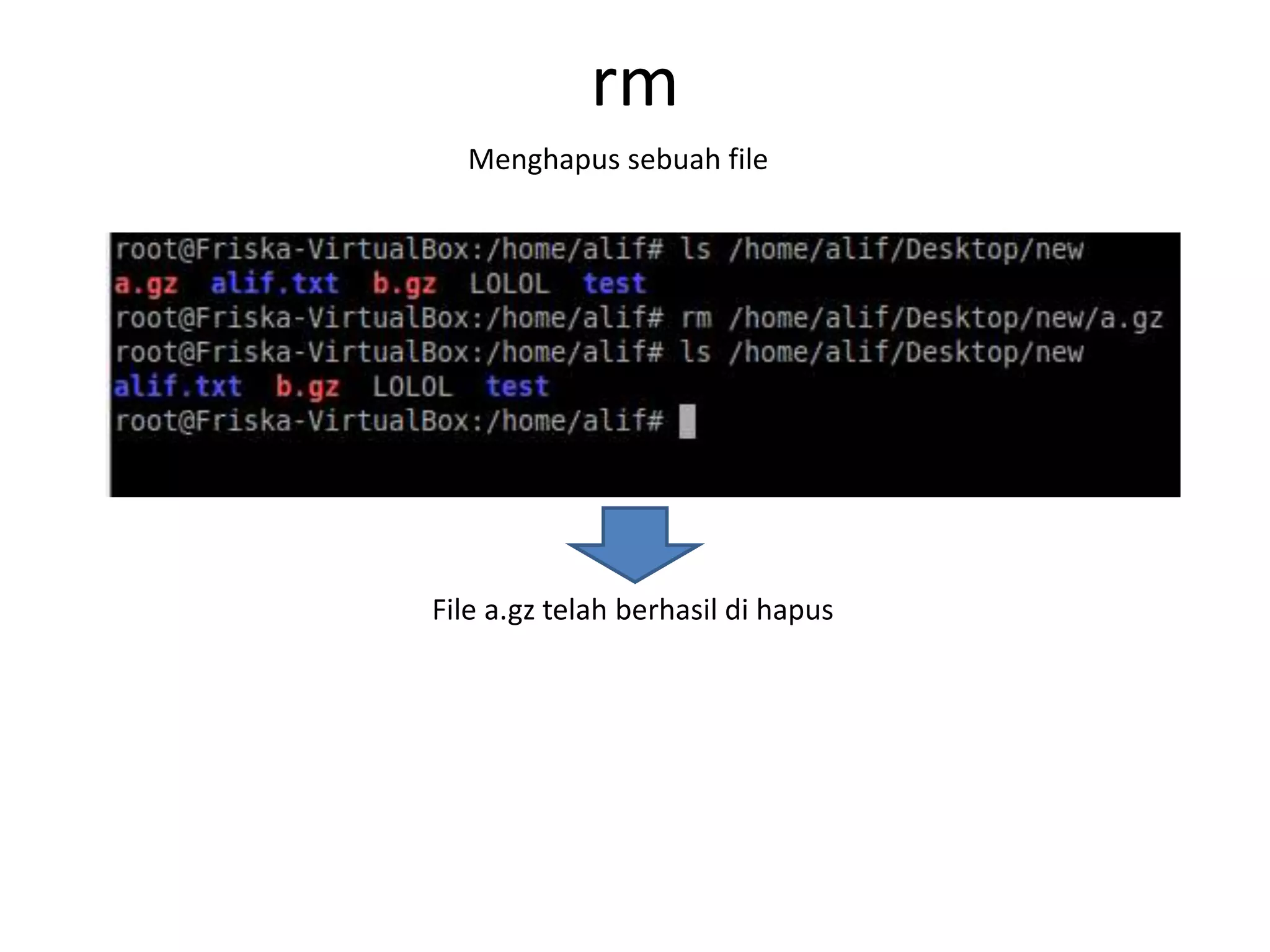 rm
Menghapus sebuah file
File a.gz telah berhasil di hapus
 
