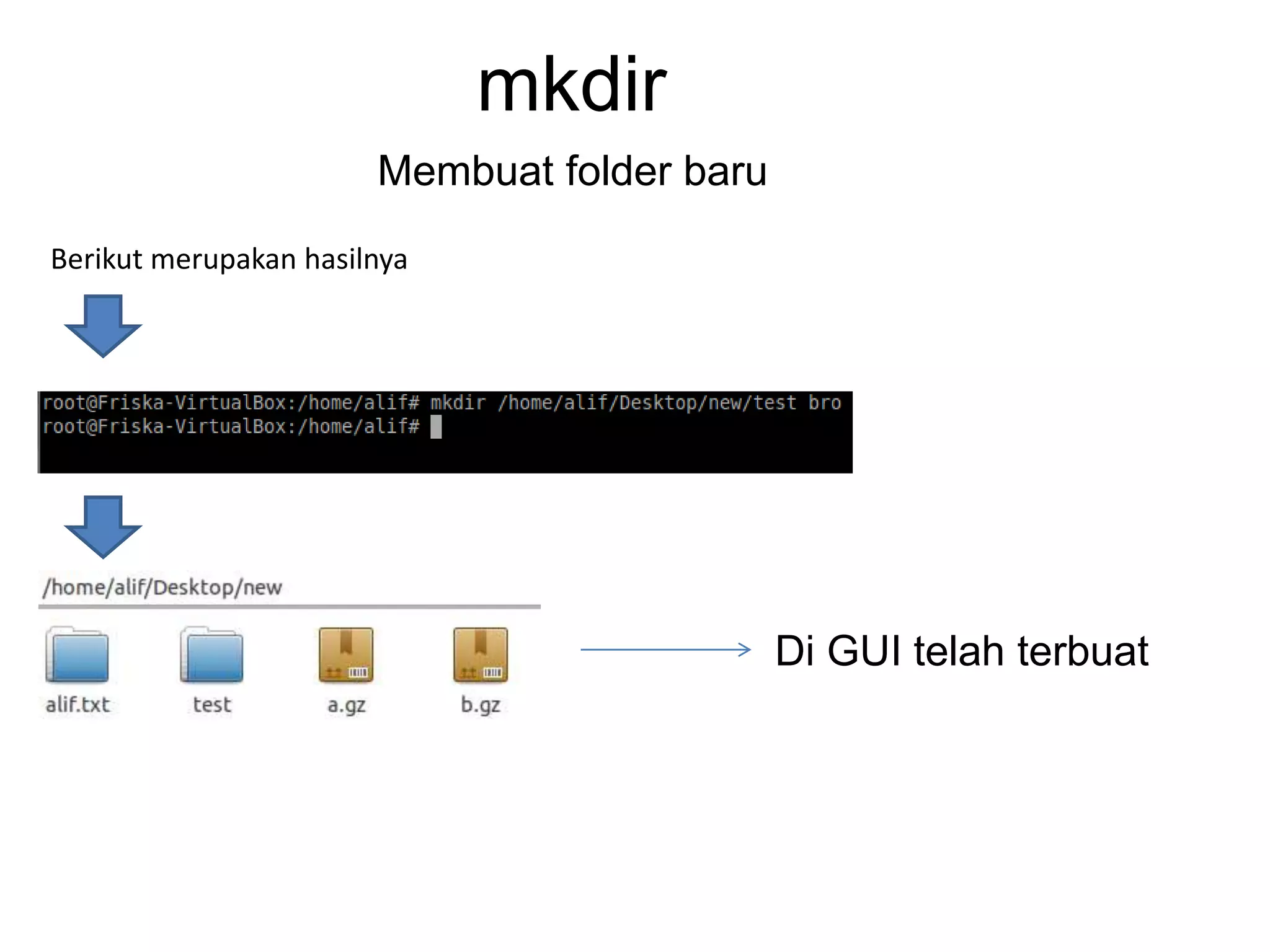 mkdir
Membuat folder baru
Berikut merupakan hasilnya
Di GUI telah terbuat
 
