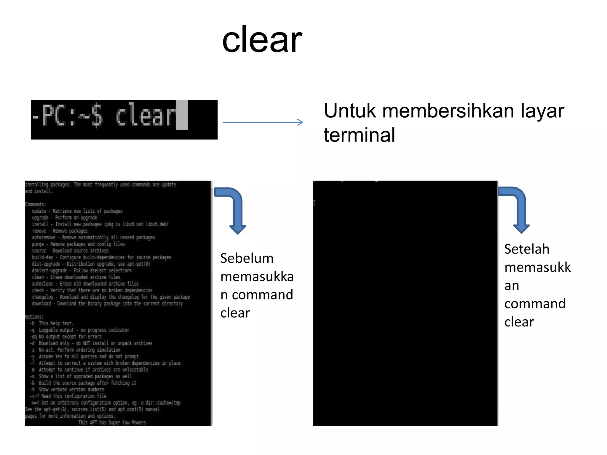 clear
Untuk membersihkan layar
terminal
Sebelum
memasukka
n command
clear
Setelah
memasukk
an
command
clear
 
