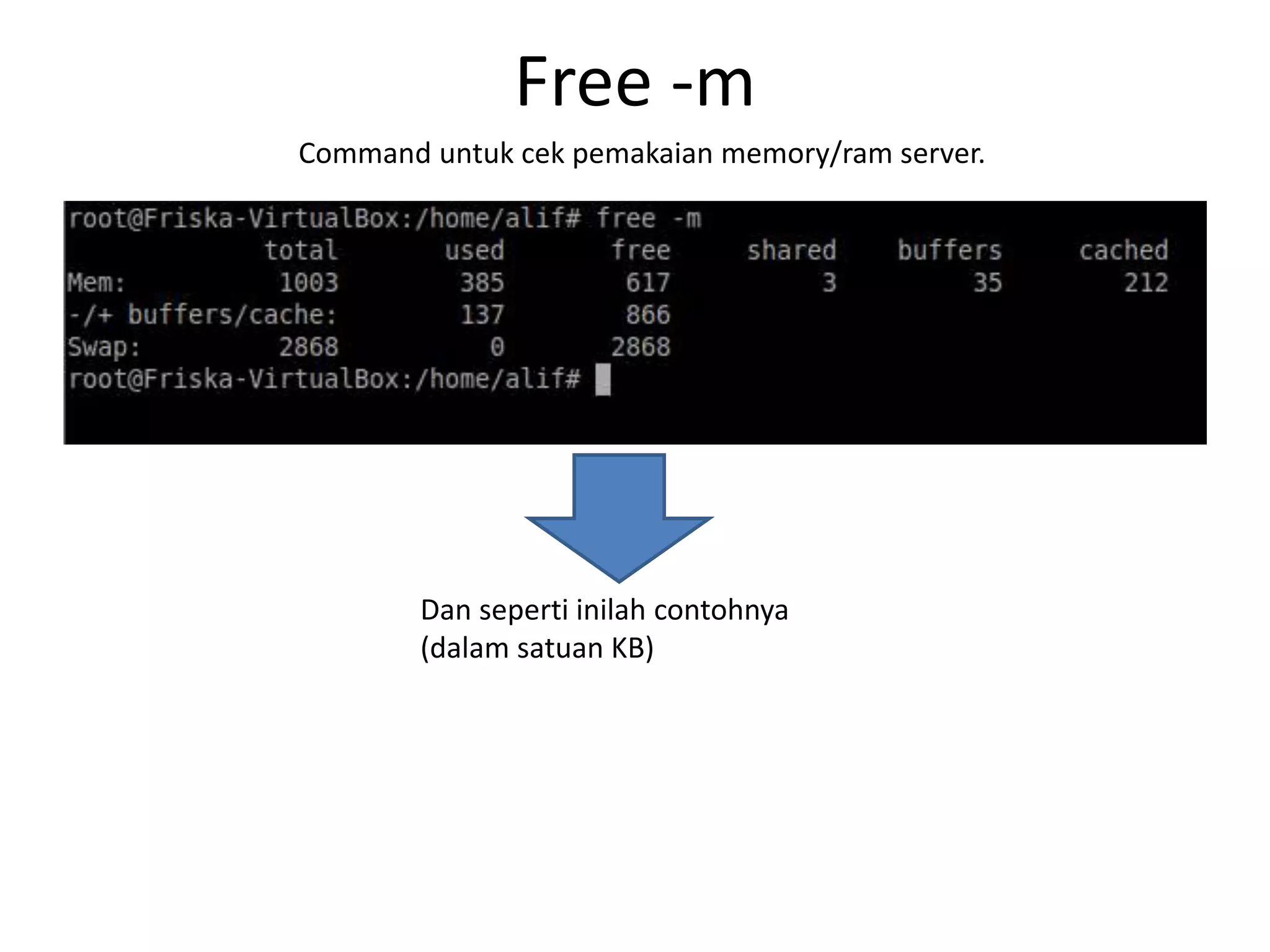 Free -m
Command untuk cek pemakaian memory/ram server.
Dan seperti inilah contohnya
(dalam satuan KB)
 