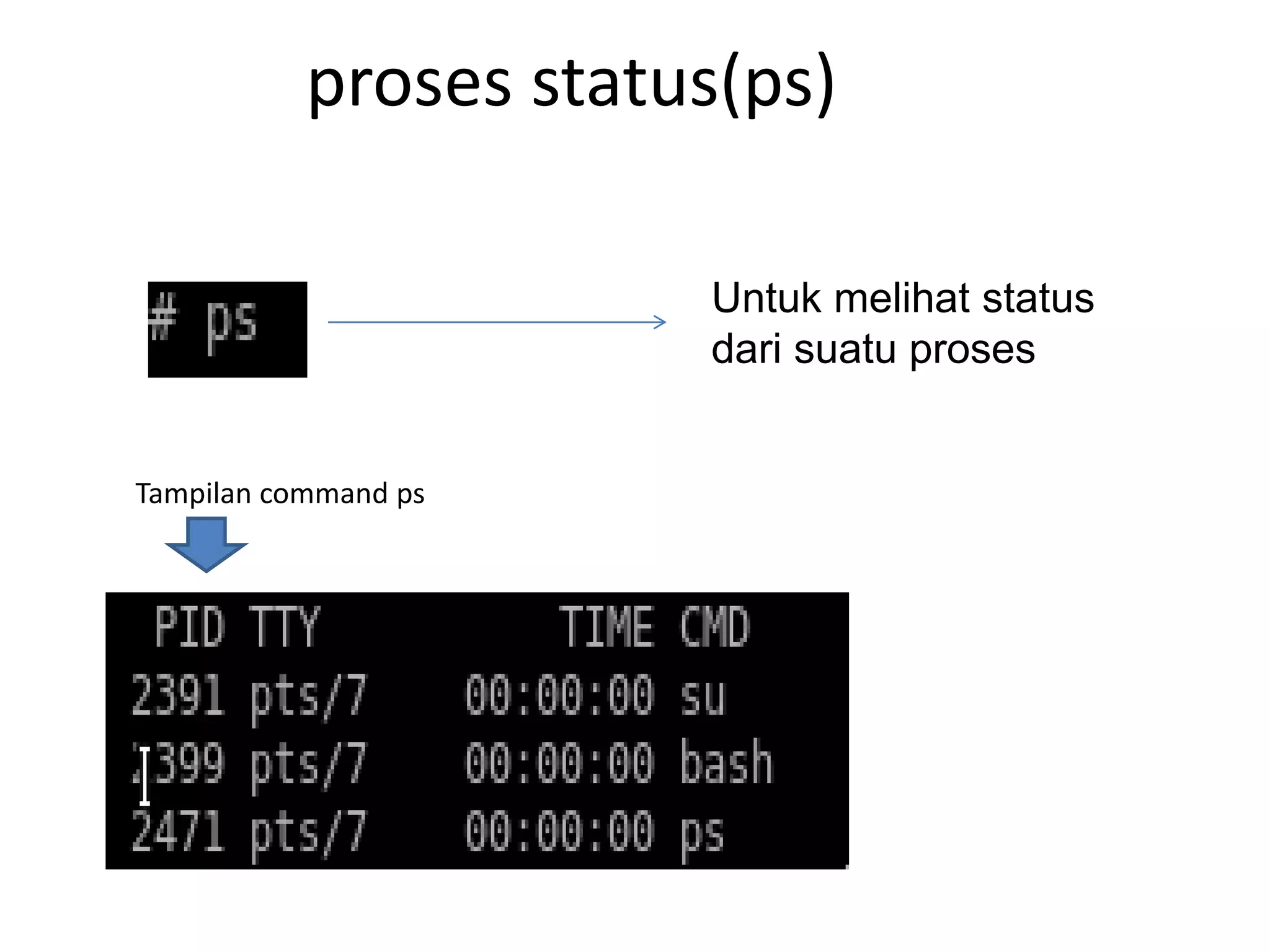 proses status(ps)
Untuk melihat status
dari suatu proses
Tampilan command ps
 