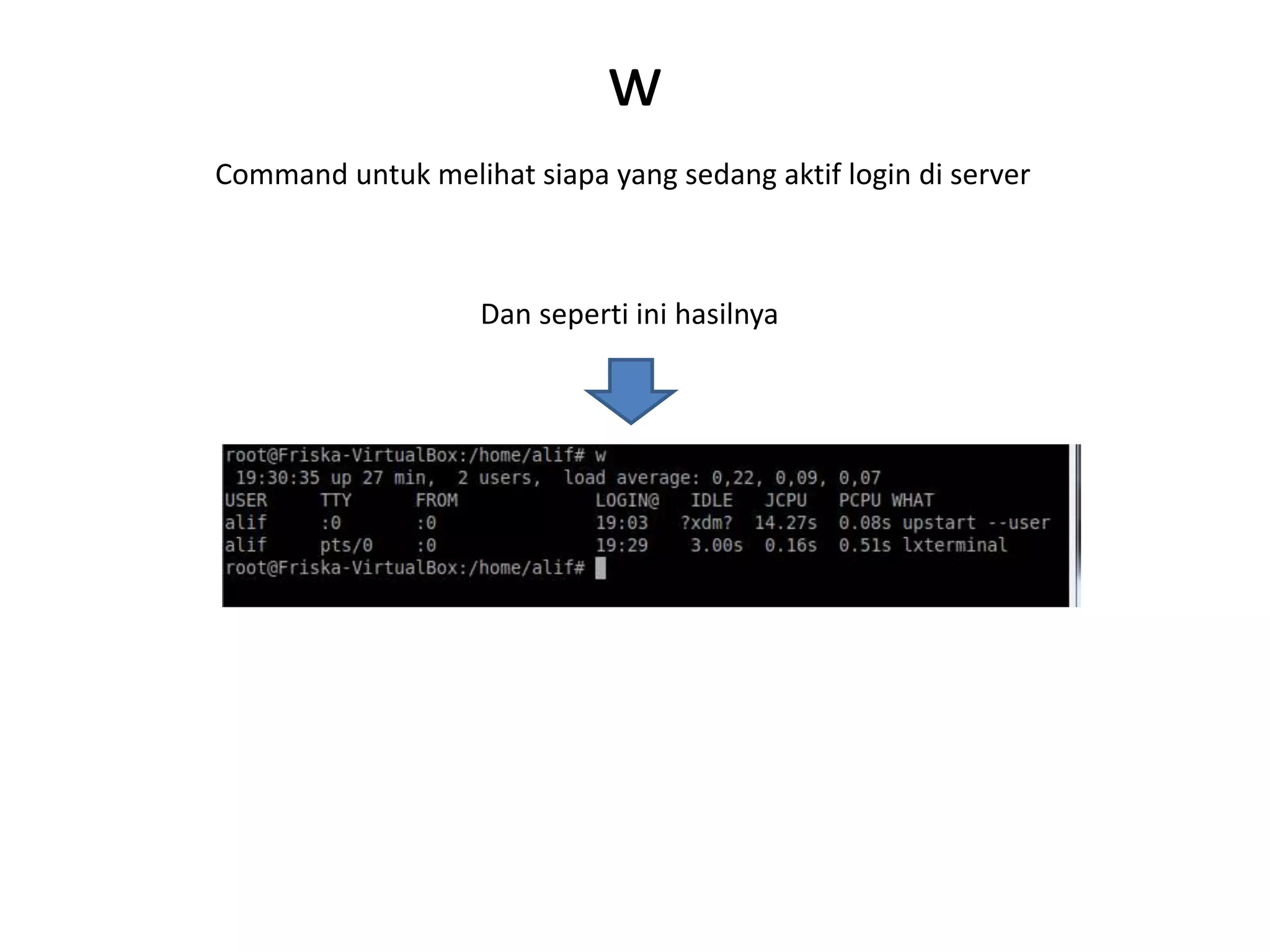 w
Command untuk melihat siapa yang sedang aktif login di server
Dan seperti ini hasilnya
 
