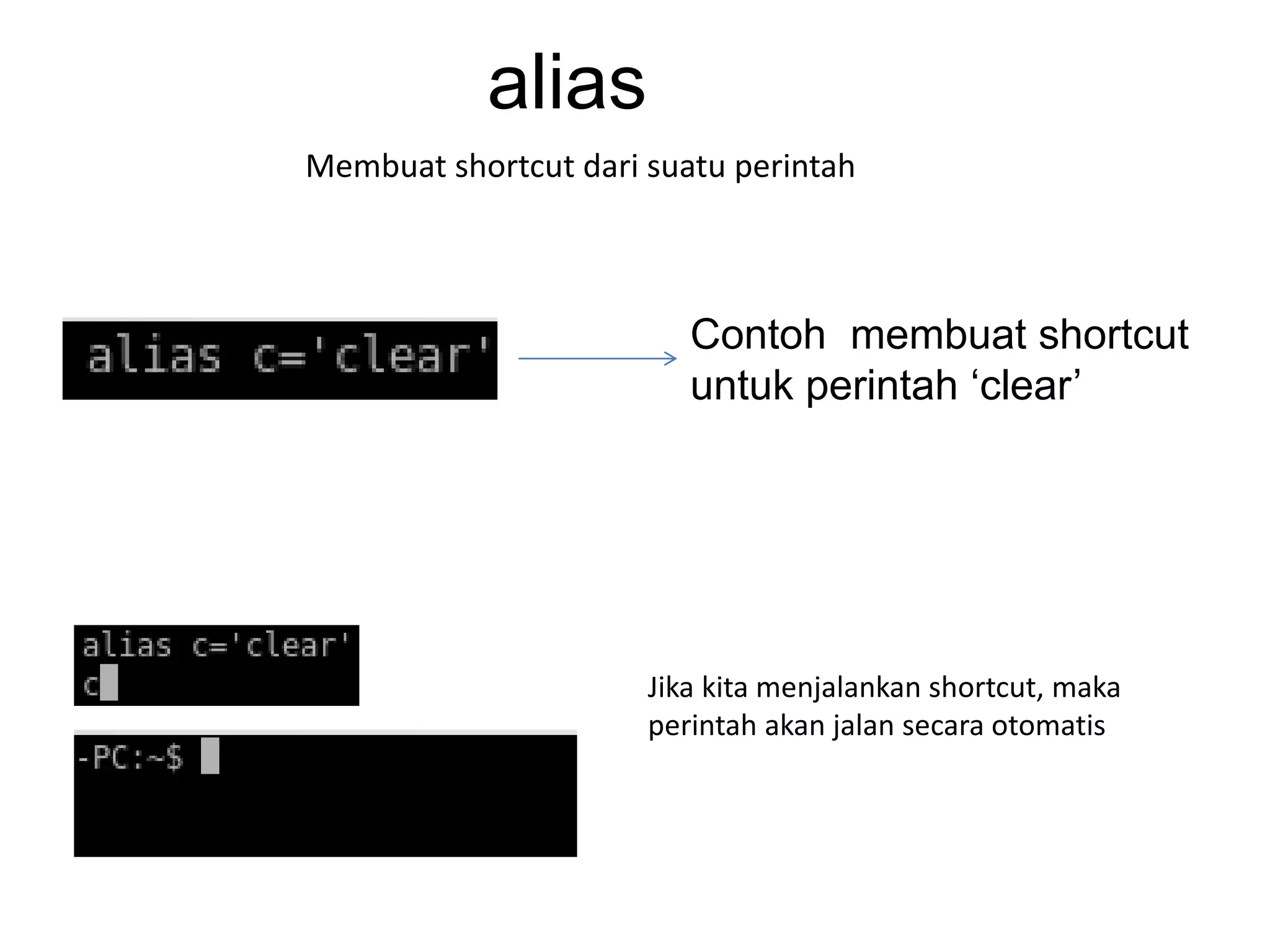 alias
Membuat shortcut dari suatu perintah
Contoh membuat shortcut
untuk perintah ‘clear’
Jika kita menjalankan shortcut, maka
perintah akan jalan secara otomatis
 