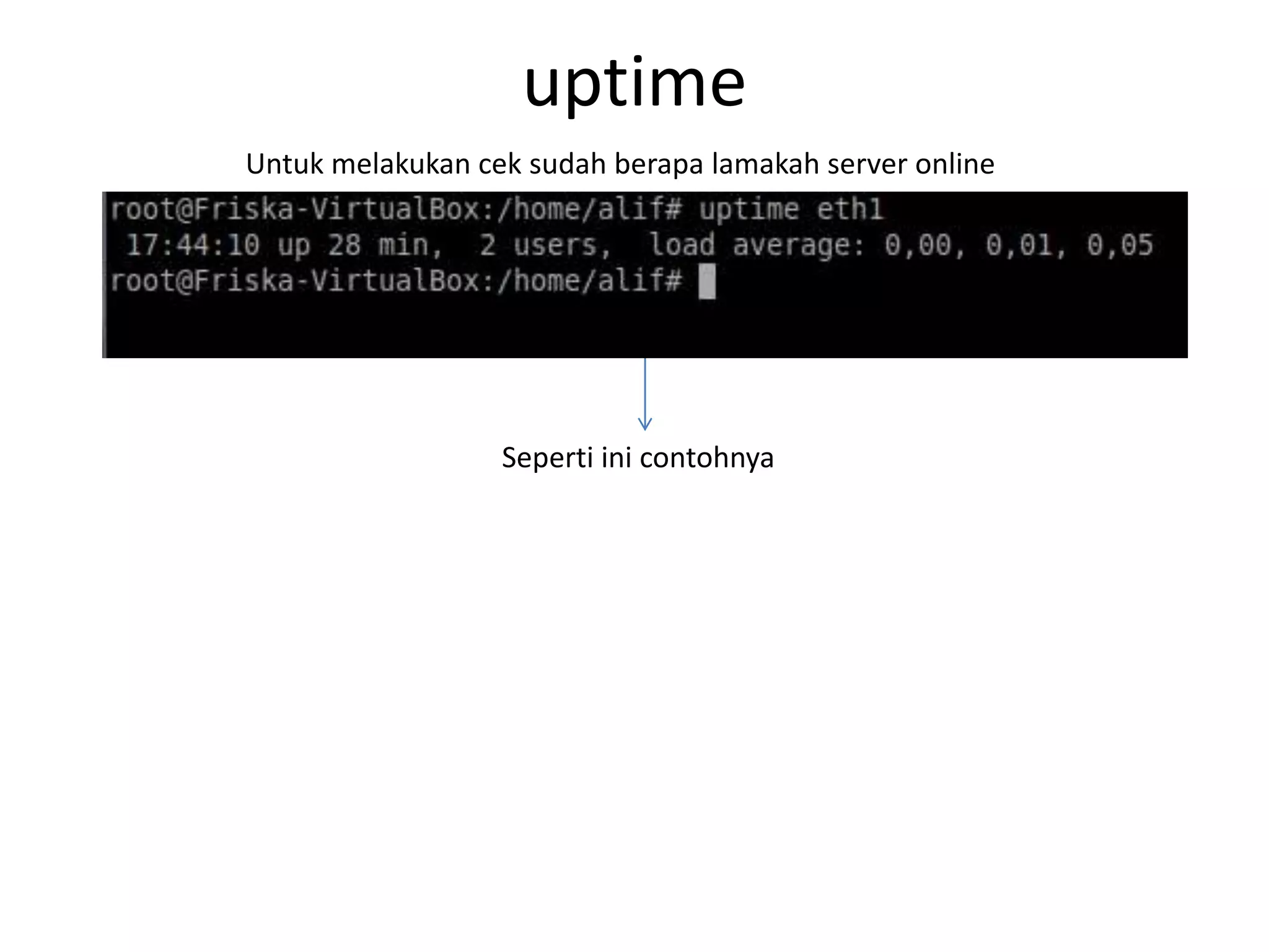 uptime
Untuk melakukan cek sudah berapa lamakah server online
Seperti ini contohnya
 