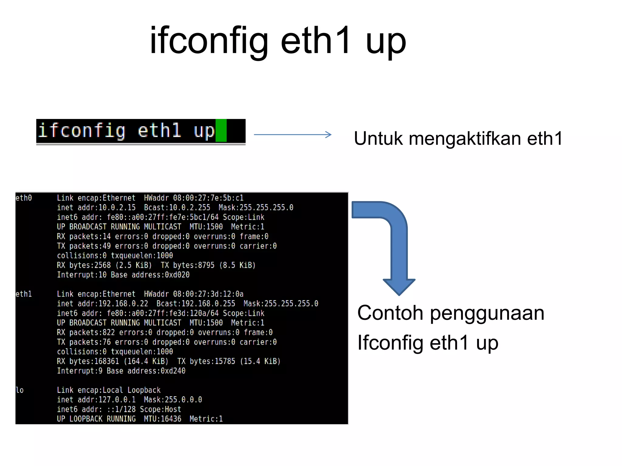 ifconfig eth1 up
Untuk mengaktifkan eth1
Contoh penggunaan
Ifconfig eth1 up
 