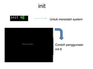 init
Untuk merestart system
Contoh penggunaan
init 6
 