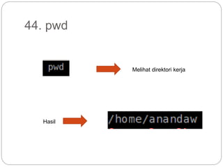 44. pwd
Melihat direktori kerja
Hasil
 