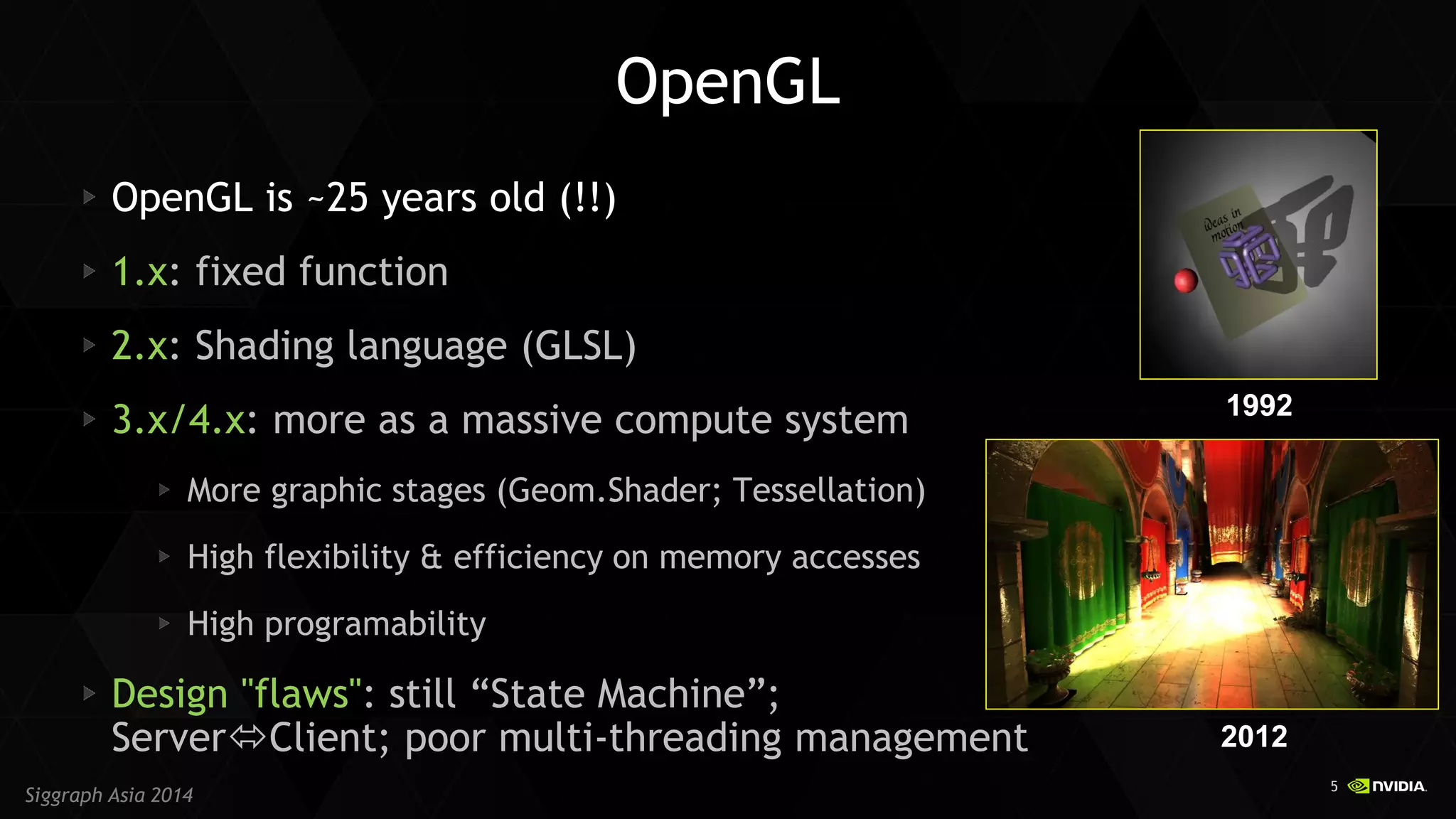 5 
Siggraph Asia 2014 
OpenGL OpenGL is ~25 years old (!!) 1.x: fixed function 2.x: Shading language (GLSL) 3.x/4.x: more as a massive compute system More graphic stages (Geom.Shader; Tessellation) High flexibility & efficiency on memory accesses High programability Design "flaws": still “State Machine”; ServerClient; poor multi-threading management 
1992 
2012  