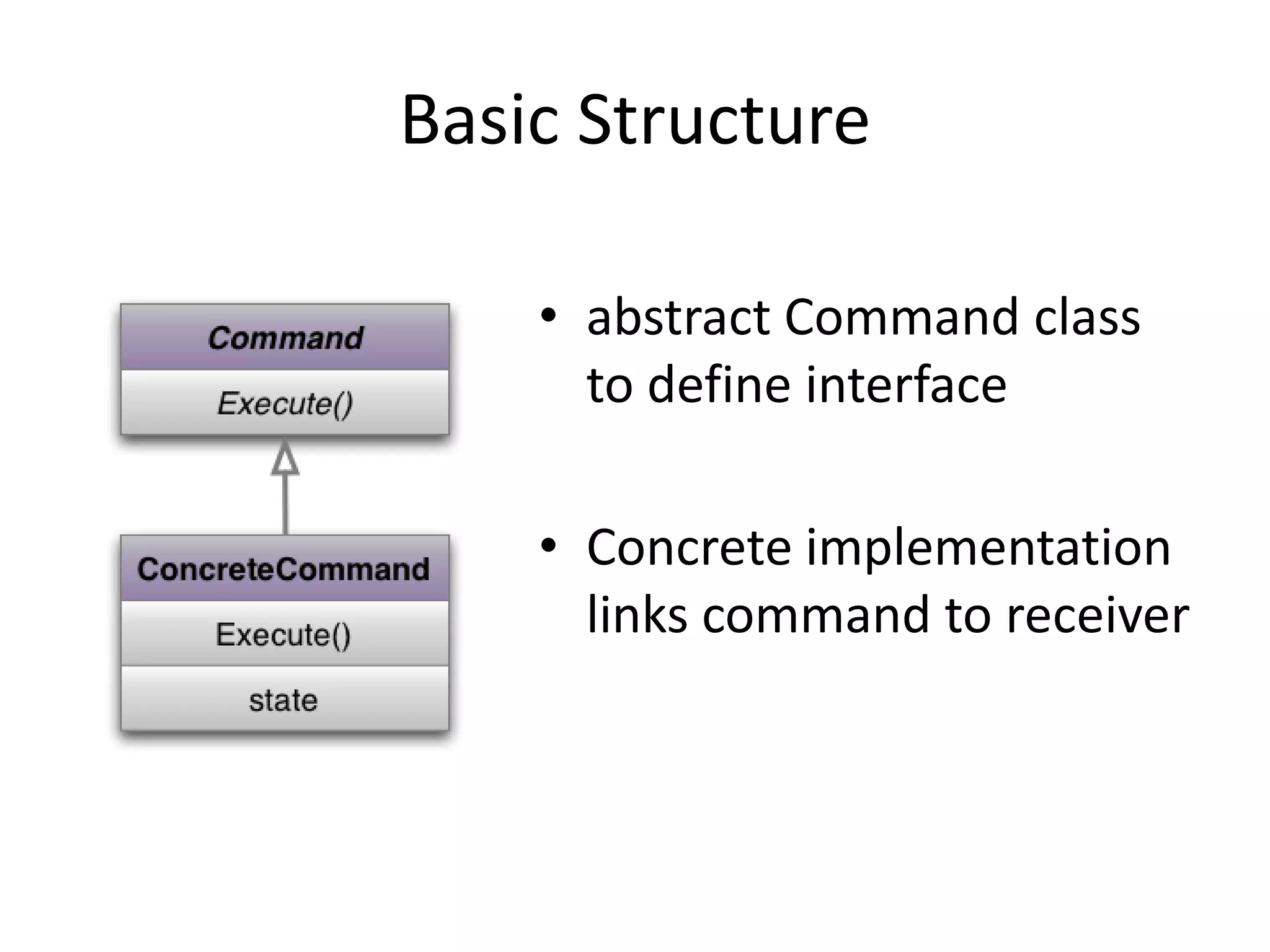 Basic Structureabstract Command class to define interfaceConcrete implementation links command to receiver