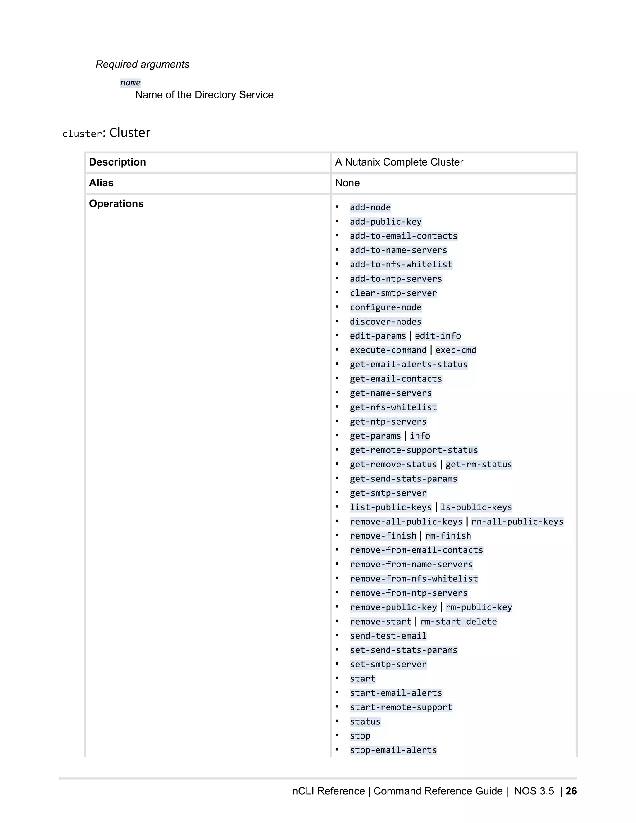 nCLI Reference | Command Reference Guide | NOS 3.5 | 26
Required arguments
name
Name of the Directory Service
cluster: Cluster
Description A Nutanix Complete Cluster
Alias None
Operations • add-node
• add-public-key
• add-to-email-contacts
• add-to-name-servers
• add-to-nfs-whitelist
• add-to-ntp-servers
• clear-smtp-server
• configure-node
• discover-nodes
• edit-params | edit-info
• execute-command | exec-cmd
• get-email-alerts-status
• get-email-contacts
• get-name-servers
• get-nfs-whitelist
• get-ntp-servers
• get-params | info
• get-remote-support-status
• get-remove-status | get-rm-status
• get-send-stats-params
• get-smtp-server
• list-public-keys | ls-public-keys
• remove-all-public-keys | rm-all-public-keys
• remove-finish | rm-finish
• remove-from-email-contacts
• remove-from-name-servers
• remove-from-nfs-whitelist
• remove-from-ntp-servers
• remove-public-key | rm-public-key
• remove-start | rm-start delete
• send-test-email
• set-send-stats-params
• set-smtp-server
• start
• start-email-alerts
• start-remote-support
• status
• stop
• stop-email-alerts
 