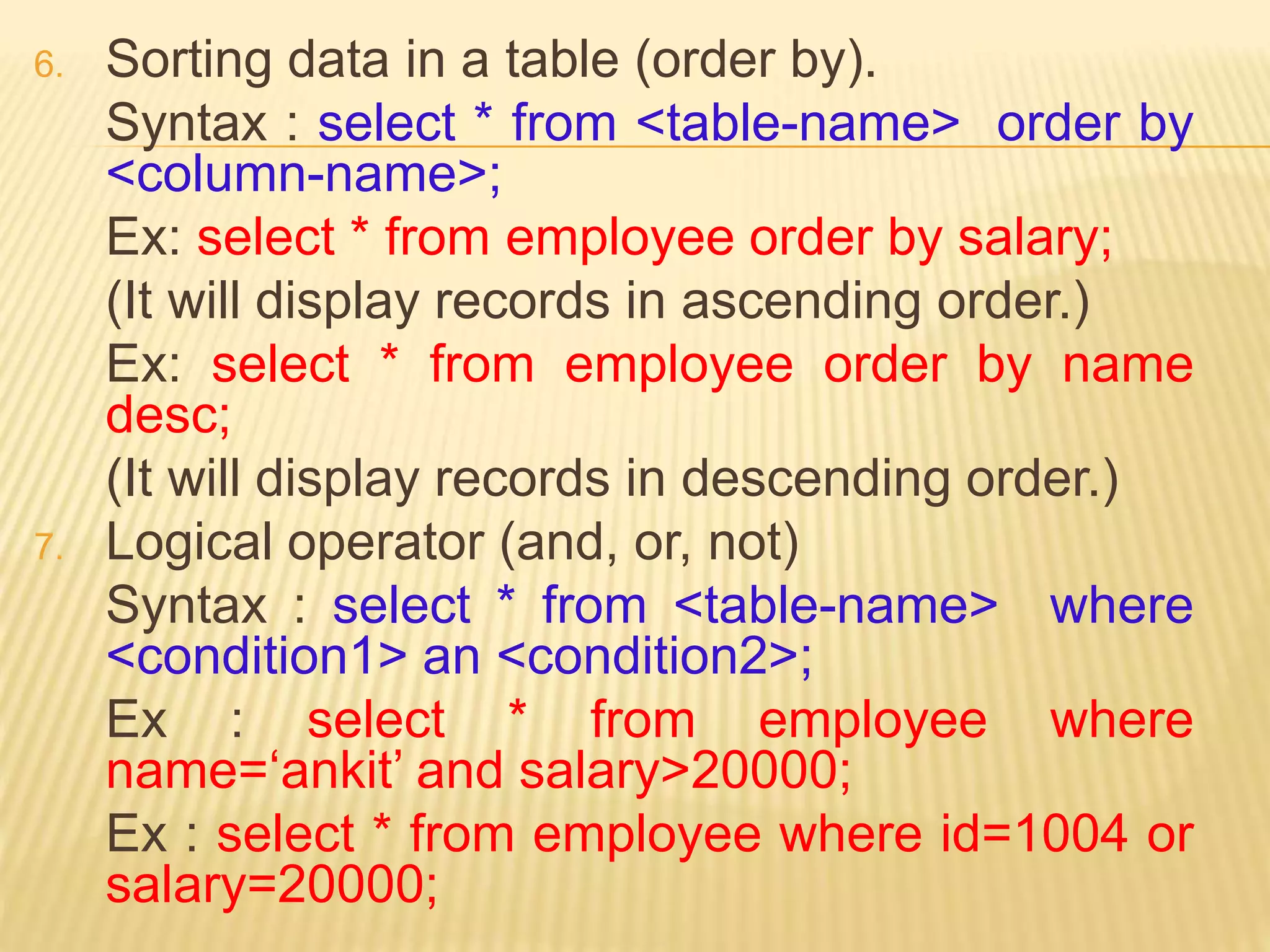 6. Sorting data in a table (order by).
Syntax : select * from <table-name> order by
<column-name>;
Ex: select * from employee order by salary;
(It will display records in ascending order.)
Ex: select * from employee order by name
desc;
(It will display records in descending order.)
7. Logical operator (and, or, not)
Syntax : select * from <table-name> where
<condition1> an <condition2>;
Ex : select * from employee where
name=‘ankit’ and salary>20000;
Ex : select * from employee where id=1004 or
salary=20000;
 