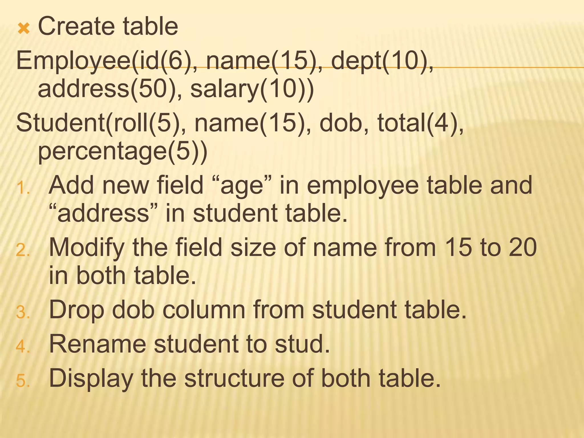  Create table
Employee(id(6), name(15), dept(10),
address(50), salary(10))
Student(roll(5), name(15), dob, total(4),
percentage(5))
1. Add new field “age” in employee table and
“address” in student table.
2. Modify the field size of name from 15 to 20
in both table.
3. Drop dob column from student table.
4. Rename student to stud.
5. Display the structure of both table.
 