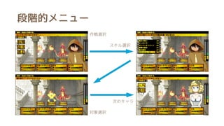 段階的メニュー
作戦選択
スキル選択
対象選択
次のキャラ
 