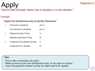 Objective 2
Apply
"Use an idea, principle, theory, law or equation in a new situation."

Example:
  “Apply the dichotomous key to identify ribosomes.”




   Tips:
   •Put an idea or technique into action
   •Make up some of your own dichotomous keys, for any topic or process
   •Learn the equations needed, as they too might need to be ‘applied’
 