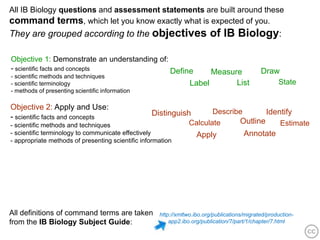 All IB Biology questions and assessment statements are built around these
command terms, which let you know exactly what is expected of you.
They are grouped according to the objectives                             of IB Biology:

Objective 1: Demonstrate an understanding of:
- scientific facts and concepts               Define                   Measure                Draw
- scientific methods and techniques
- scientific terminology                                         Label       List                    State
- methods of presenting scientific information

Objective 2: Apply and Use:
                                                  Distinguish           Describe       Identify
- scientific facts and concepts
- scientific methods and techniques                              Calculate     Outline     Estimate
- scientific terminology to communicate effectively                 Apply              Annotate
- appropriate methods of presenting scientific information




All definitions of command terms are taken           http://xmltwo.ibo.org/publications/migrated/production-
from the IB Biology Subject Guide:                       app2.ibo.org/publication/7/part/1/chapter/7.html
 
