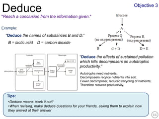 Objective 3
Deduce
"Reach a conclusion from the information given."

Example:
  “Deduce the names of substances B and D.”
   B = lactic acid   D = carbon dioxide


                                              “Deduce the effects of sustained pollution
                                              which kills decomposers on autotrophic
                                              productivity.”
                                               Autotrophs need nutrients;
                                               Decomposers recylce nutrients into soil;
                                               Fewer decomposer, reduced recycling of nutrients;
                                               Therefore reduced productivity.


  Tips:
   •Deduce means ‘work it out’!
   •When revising, make deduce questions for your friends, asking them to explain how
   they arrived at their answer
 