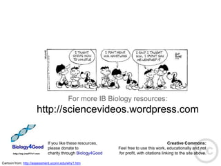 For more IB Biology resources:
                         http://sciencevideos.wordpress.com


                               If you like these resources,                                  Creative Commons:
                               please donate to               Feel free to use this work, educationally and not
       http://wp.me/P7lr1-mm   charity through Biology4Good   for profit, with citations linking to the site above.

Cartoon from: http://assessment.uconn.edu/why1.htm
 