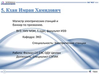 5. Кхан Имран Хамидович

      Магистр электрических станций и
      банкир по призванию.
        ВУЗ: НИУ МЭИ, 5 курс, факультет ИЭЭ
            Кафедра: ЭКО
                   Специальность: Электрические станции


      Работа: Филиал СО ЕЭС ОДУ Центра
        Должность: Специалист СЭПАК



 16
 