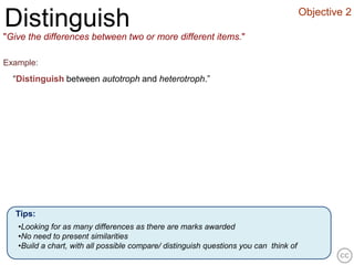 Objective 2
Distinguish
"Give the differences between two or more different items."

Example:
  “Distinguish between autotroph and heterotroph.”




   Tips:
   •Looking for as many differences as there are marks awarded
   •No need to present similarities
   •Build a chart, with all possible compare/ distinguish questions you can think of
 