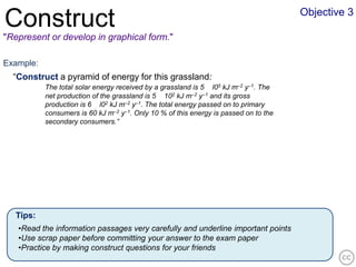 Objective 3
Construct
"Represent or develop in graphical form."

Example:
  “Construct a pyramid of energy for this grassland:
           The total solar energy received by a grassland is 5 l05 kJ m–2 y–1. The
           net production of the grassland is 5 102 kJ m–2 y–1 and its gross
           production is 6 l02 kJ m–2 y–1. The total energy passed on to primary
           consumers is 60 kJ m–2 y–1. Only 10 % of this energy is passed on to the
           secondary consumers.”




   Tips:
   •Read the information passages very carefully and underline important points
   •Use scrap paper before committing your answer to the exam paper
   •Practice by making construct questions for your friends
 