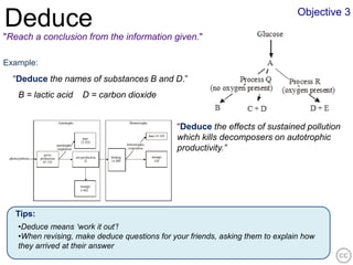 Objective 3
Deduce
"Reach a conclusion from the information given."

Example:
  “Deduce the names of substances B and D.”
   B = lactic acid   D = carbon dioxide


                                              “Deduce the effects of sustained pollution
                                              which kills decomposers on autotrophic
                                              productivity.”




  Tips:
   •Deduce means ‘work it out’!
   •When revising, make deduce questions for your friends, asking them to explain how
   they arrived at their answer
 