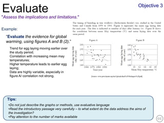 Objective 3
Evaluate
"Assess the implications and limitations."

Example:
  “Evaluate the evidence for global
  warming, using figures A and B (2).”
    Trend for egg laying moving earlier over
    the study period;
    Correlation with increasing mean may
    temperatures;
    Higher temperature leads to earlier egg
    laying;
    Data are highly variable, especially in
    figure A/ correlation not strong.




   Tips:
   •Do not just describe the graphs or methods, use evaluative language
   •Read the introductory passage very carefully – to what extent do the data address the aims of
   the investigation?
   •Pay attention to the number of marks available
 