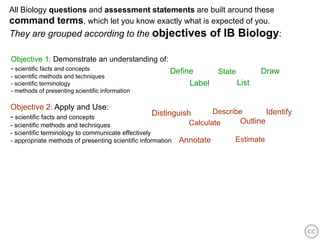 All Biology questions and assessment statements are built around these
command terms, which let you know exactly what is expected of you.
They are grouped according to the objectives                           of IB Biology:

Objective 1: Demonstrate an understanding of:
- scientific facts and concepts               Define                    State          Draw
- scientific methods and techniques
- scientific terminology                                       Label            List
- methods of presenting scientific information

Objective 2: Apply and Use:
                                                  Distinguish         Describe       Identify
- scientific facts and concepts
- scientific methods and techniques                            Calculate     Outline
- scientific terminology to communicate effectively
- appropriate methods of presenting scientific information   Annotate       Estimate
 