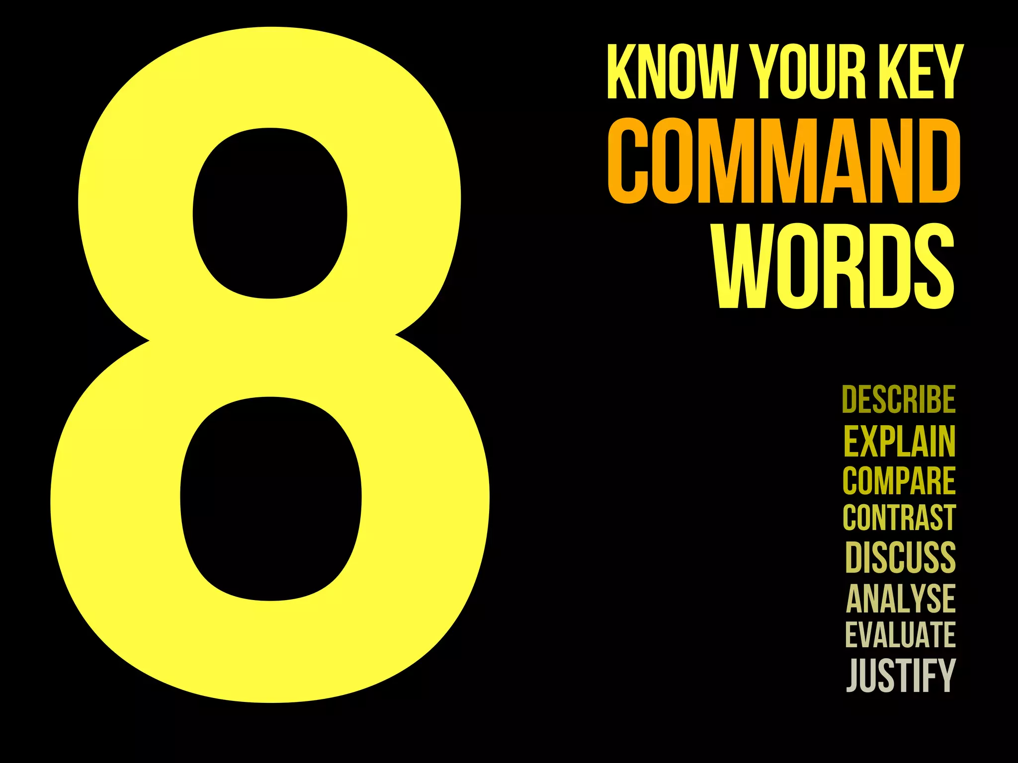 8
command
words
Describe
Explain
Compare
Contrast
Discuss
Analyse
Evaluate
Justify
Knowyourkey
 