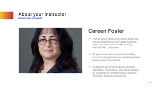 About your instructor
Careen Foster on LinkedIn
Careen Foster
• Former Chief Marketing Ofﬁcer and Head
of Client Experience at Fractal Analytics -
Indian founders from IIT/IIM serving
Fortune 500 companies
• 35 years executive experience leading
product management and marketing teams
at American corporations
• Coached over 50 consultants, product
managers, marketeers, and senior leaders
on hundreds of content pieces targeting
American business executives
14
 