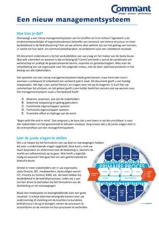 Overweegt u een nieuw managementsysteem aan te schaffen en in te richten? Signaleert u als
eindverantwoordelijke of organisatieadviseur behoefte aan eenvoud, een betere structuur en meer
duidelijkheid in de bedrijfsvoering? Dan zal uw ultieme doel wellicht zijn om het gedrag van mensen,
in relatie tot hun werk- en communicatieafspraken, te verbeteren voor een uitstekend resultaat.
Dit document ondersteunt u bij het verduidelijken van uw vraag en het maken van de beste keuze.
Wat wilt u bereiken en waarom is dat zo belangrijk? Comm’ant biedt u vanuit de combinatie van
wetenschap en praktijk de gespecialiseerde kennis, inspiratie en gereedschappen. Alles voor de
ontwikkeling van uw organisatie naar het volgende niveau, met als doel: optimaal presteren in het
belang van alle stakeholders.
Het opzetten van een nieuw managementsysteem biedt grote kansen, maar kent ook risico’s
wanneer u onbewust of onbedoeld een verkeerd pad in slaat. Dit document geeft u een handig
stappenplan. Het legt u een aantal thema’s en vragen voor om op te reageren. U kunt hier uw
commentaar bij schrijven, en het geheel geeft u een helder beeld ten aanzien van uw wensen voor
het managementsysteem zoals u het bedoeld heeft:
A. Waarom, waarvoor, wie zijn de stakeholders
B. Gewenste toepassing en gedrag gebruikers
C. Functionele eigenschappen systeem
D. Technische eigenschappen systeem
E. Financiële effect en bijdrage aan de winst
‘Begin with the end in mind.’ Dan vergroot u de kans dat u een koers in zet die vruchtbaar is voor
alle stakeholders en het gezamenlijk te behalen resultaat. Zorg ervoor dat u de juiste vragen stelt in
de oriëntatiefase van een managementsysteem.
Om u te helpen bij het formuleren van uw doel en overwegingen hebben
wij voor u onderstaande vragen opgesteld. Deze kunt u met uw
team bespreken en afstemmen wat de bedoeling is, alvorens de
markt van softwaretools op te gaan. Wat heeft u eigenlijk
nodig en waarom? Het gaat hier om een geïnformeerde en
bewuste keuze.
Omdat er meer stakeholders zijn in uw organisatie,
zoals Directie, MT, medewerkers, deskundigen vanuit
ICT, Finance en Control, KAM, etc. die baat hebben bij
duidelijkheid in de bedrijfsprocessen, raden wij u aan
om hen direct te betrekken bij het formuleren van de
doelstelling en de overwegingen.
Maak hen medespeler en belanghebbende voor een goed
resultaat. U schept daarmee belangrijke kansen voor uw
onderneming of instelling om de krachten te bundelen,
bedrijfsrisico’s terug te brengen, samen de processen te
stroomlijnen en de mensen en hun processen te verbinden.
 