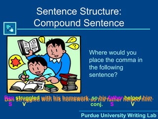 Purdue University Writing Lab
Where would you
place the comma in
the following
sentence?
Sentence Structure:
Compound Sentence
Dan struggled with his homework so his father helped him.Dan struggled with his homework, so his father helped him.
S V conj. S V
 