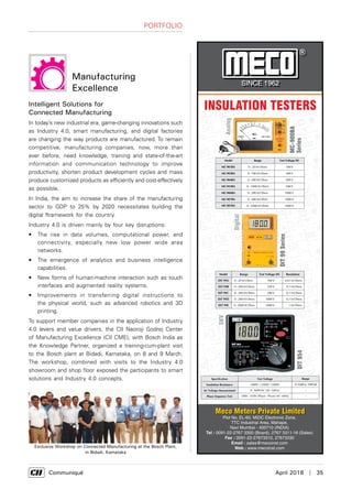      Communiqué	 April 2018  |  35
Portfolio
Intelligent Solutions for
Connected Manufacturing
In today’s new industrial era, game-changing innovations such
as Industry 4.0, smart manufacturing, and digital factories
are changing the way products are manufactured. To remain
competitive, manufacturing companies, now, more than
ever before, need knowledge, training and state-of-the-art
information and communication technology to improve
productivity, shorten product development cycles and mass
produce customized products as efficiently and cost-effectively
as possible.
In India, the aim to increase the share of the manufacturing
sector to GDP to 25% by 2020 necessitates building the
digital ftramework for the country.
Industry 4.0 is driven mainly by four key disruptions:
•	 The rise in data volumes, computational power, and
connectivity, especially new low power wide area
networks.
•	 The emergence of analytics and business intelligence
capabilities.
•	 New forms of human-machine interaction such as touch
interfaces and augmented reality systems.
•	 Improvements in transferring digital instructions to
the physical world, such as advanced robotics and 3D
printing.
To support member companies in the application of Industry
4.0 levers and value drivers, the CII Naoroji Godrej Center
of Manufacturing Excellence (CII CME), with Bosch India as
the Knowledge Partner, organized a training-cum-plant visit
to the Bosch plant at Bidadi, Karnataka, on 8 and 9 March.
The workshop, combined with visits to the Industry 4.0
showroom and shop floor exposed the participants to smart
solutions and Industry 4.0 concepts.
Manufacturing
Excellence
Exclusive Workshop on Connected Manufacturing at the Bosch Plant,
in Bidadi, Karnataka
 