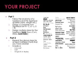 

Part 1

Follow the anatomy of a
typeface and the typeface
qualities (style, weight etc.)
Design a complete font
(typeface set A – Z, a – z, 0
– 9)
Design multiple styles for the
typeface (bold, SMALL CAPS,
italics, bold-italic)

1.
2.
3.

Part 2



Repeat the above steps for
at least 3 different fonts that
you have created
Create a:




▪
▪
▪

Sans-serif
Serif
Dingbats or display

 