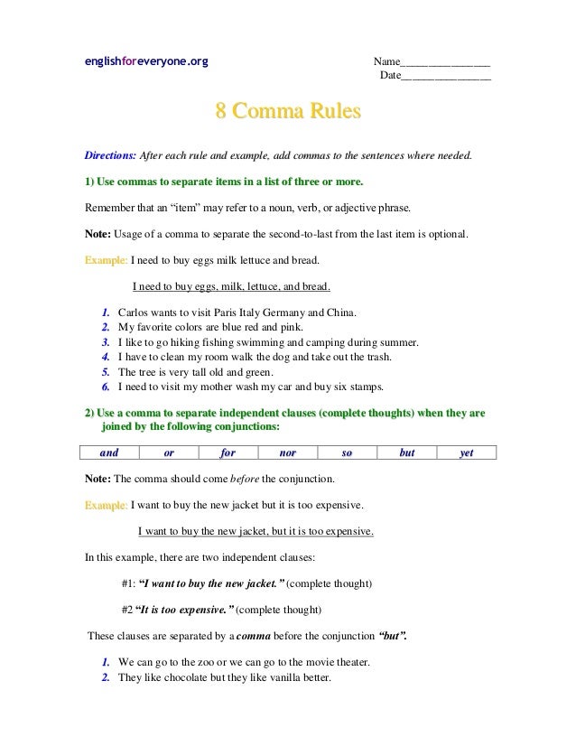 commas worksheet 1 when to add a comma
