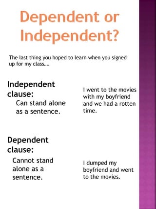 The last thing you hoped to learn when you signed 
up for my class…. 
Independent 
clause: 
Dependent 
clause: 
Cannot stand 
alone as a 
sentence. 
I went to the movies 
with my boyfriend 
and we had a rotten 
time. 
I dumped my 
boyfriend and went 
to the movies. 
Can stand alone 
as a sentence. 
 