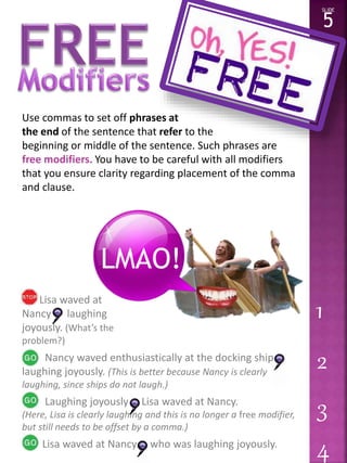 Use commas to set off phrases at 
the end of the sentence that refer to the 
beginning or middle of the sentence. Such phrases are 
free modifiers. You have to be careful with all modifiers 
that you ensure clarity regarding placement of the comma 
and clause. 
Lisa waved at 
Nancy laughing 
joyously. (What’s the 
problem?) 
Nancy waved enthusiastically at the docking ship 
laughing joyously. (This is better because Nancy is clearly 
laughing, since ships do not laugh.) 
Laughing joyously Lisa waved at Nancy. 
(Here, Lisa is clearly laughing and this is no longer a free modifier, 
but still needs to be offset by a comma.) 
Lisa waved at Nancy who was laughing joyously. 
SLIDE 
5 
LMAO! 
1 
2 
3 
4 
 